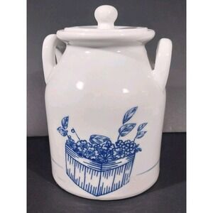 Vintage White Ceramic Kitchen Crock Blue Flower Basket Pattern Double Handle